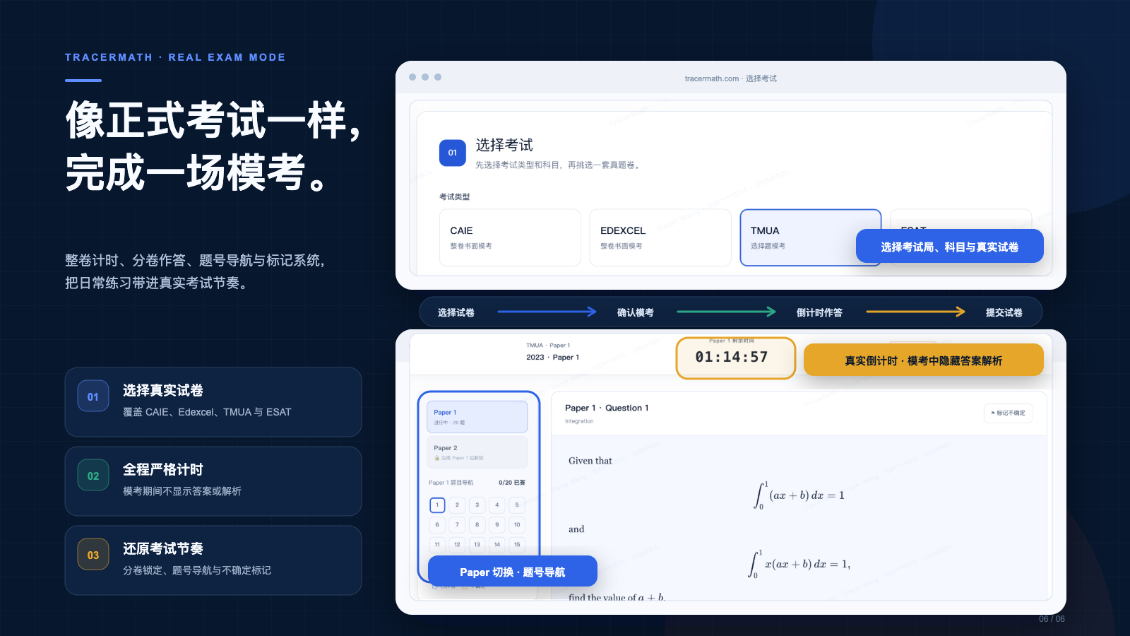 闪光学堂 TracerMath 真实模考模式,包含整卷选择、倒计时、Paper 切换和题号导航